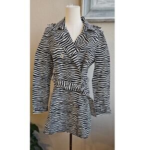 NWT Michael Kors Women's Zebra Print Double‎ Breasted Belted Coat Size L Black
